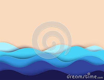 Abstract paper art sea or ocean water waves and beach. Summer Vector Illustration