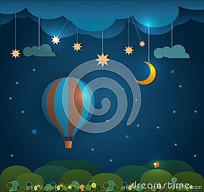 Abstract paper cut-Hot air balloon ,cloud,sky and moon with stars at night .Blank space for your design Vector Illustration