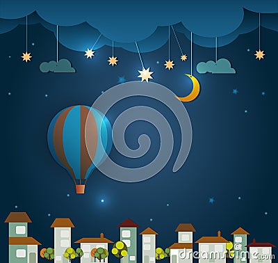 Abstract paper cut-Hot air balloon ,cloud,sky and moon with stars at night .Blank space for your design Vector Illustration