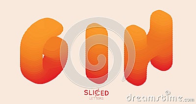 Abstract paper cut sliced letters with color gradient. Paper sclices with soft shadow form 3d letters. Minimalistic Vector Illustration