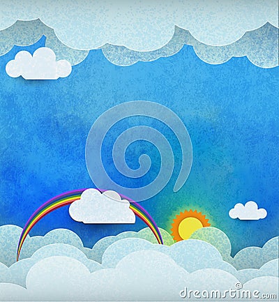 Abstract paper cut with sun, sunshine,white cloud and rainbow on blue water color texture background Stock Photo