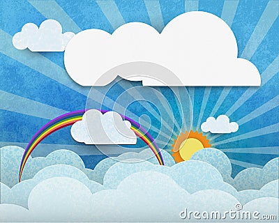 Abstract paper cut with sun, sunshine,white cloud and rainbow on blue water color texture background Stock Photo
