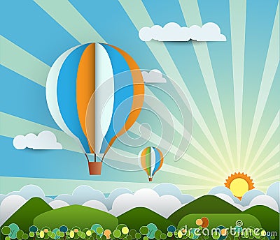 Abstract paper with sunshine- hill-cloud-balloon Vector Illustration