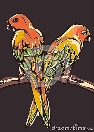 Abstract parrots, stylized animal. Motley multicolored birds in graphically style sitting on a branch, isolated on a Vector Illustration