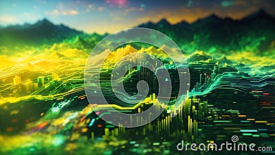 Abstract Particle Data Landscape Background with Flowing Binary Codes Rivers. High Speed Digital Data Transfer Stock Photo