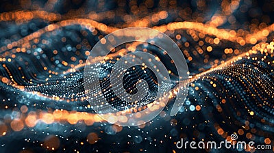 Abstract Particle Wave Background, Gold Dots, Data Visualization, Modern Tech, Digital Landscape, Network Connection, Futuristic Stock Photo