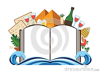 Abstract passover story haggadah book over traditional food and holiday icons Vector Illustration