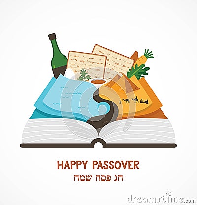 Abstract passover story haggadah book over traditional food and Mozes Vector Illustration