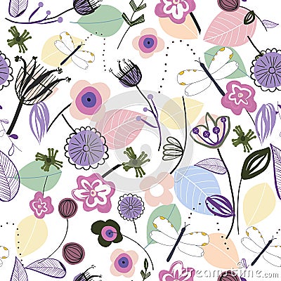 Abstract pastel doodle flowers and dragonfly seamless pattern Vector Illustration