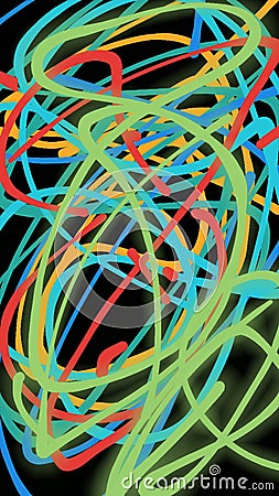 Abstract pattern, on a black background, thin multi-colored spirals intertwining in a chaotic manner Stock Photo