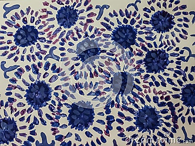 Abstract pattern in the form of blue-violet patterns and flowers. Hand painted watercolor. Stock Photo