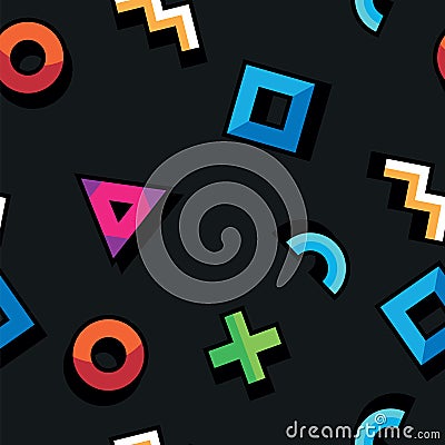 Abstract pattern in geometric style. Seamless pattern with geometric figures. Triangle, circle, square, curved lines on Vector Illustration