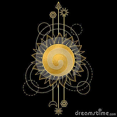 Abstract pattern with gold sun, moon, star and geometric elements on black background Vector Illustration