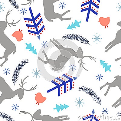 Abstract pattern Happy New Year, Merry Christmas, deer, bullfinch, Christmas trees, branches, snowflakes.For the production of Vector Illustration