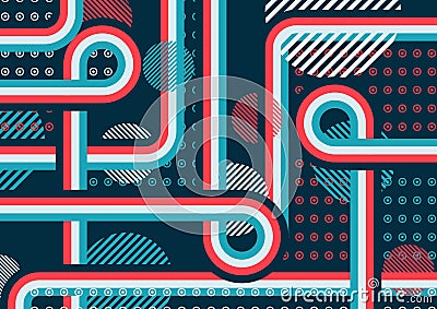 Abstract pattern of perpendicular lines and circles. The intersection forms. Bright colors. Vector Illustration