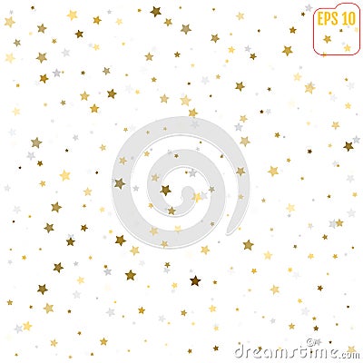 Abstract pattern of random falling gold and silver stars on whit Vector Illustration