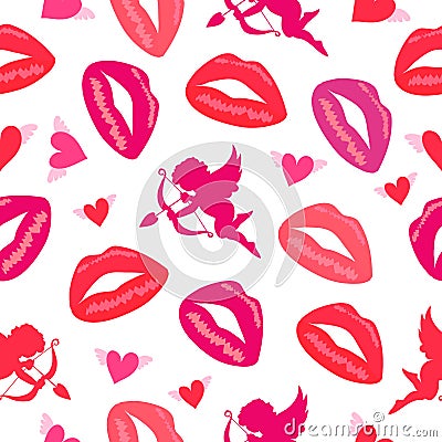 Abstract pattern seamless vector pattern background. Pattern of lips, hearts and an angel. Great for fabric, paper, web banners, Vector Illustration