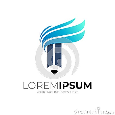 Abstract pencil logo with wing design vector, blue color Vector Illustration