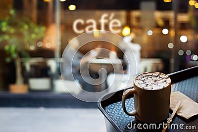 Abstract people in coffee shop and text cafe in front of mirror, soft focus Stock Photo