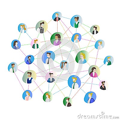 Abstract people connection vector illustration. Business or leisure gathering together using acquaintance. Human faces in circle. Vector Illustration