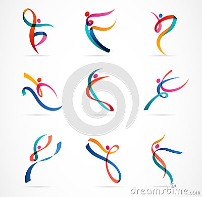 Abstract people logo design. Gym, fitness, running trainer vector colorful logo. Active Fitness, sport, dance web icon Vector Illustration