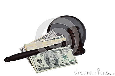 Abstract photo with wooden gavel and american dollars isolated on white background as symbol of of rule of law with judge`s gavel Stock Photo