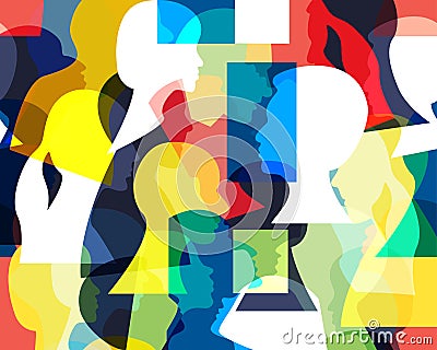 Abstract picture with human profile heads. Seamless pattern of a crowd of many different people. Vector Illustration