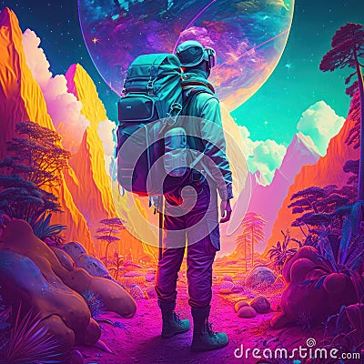 Abstract picture of man. Tourist with a backpack is traveling. Beautiful colorful illustration. style. Generative AI Cartoon Illustration