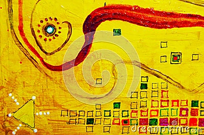 Abstract picturesque composition. Drawing with oil paints. Yellow rays of the sun, ribbons, stars, center Stock Photo