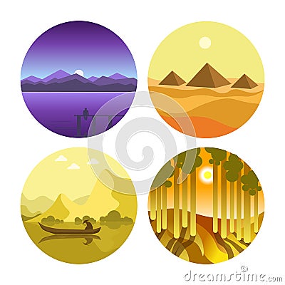 Abstract picturesque landscapes of the world in round icons Vector Illustration
