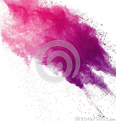 Abstract pink dust explosion on white background. abstract colored powder splatted on white background, Freeze motion of pink powd Stock Photo
