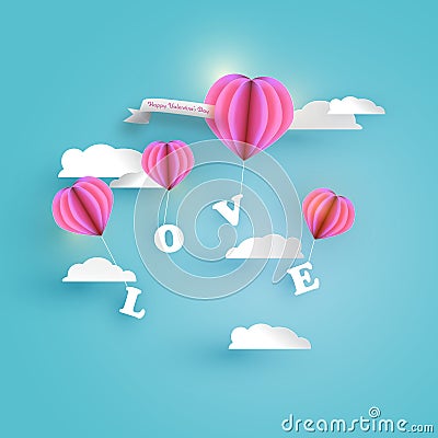 Abstract pink heart balloon carrying LOVE letter in blue sky with white clouds and frame. Happy valentines day Vector Illustration