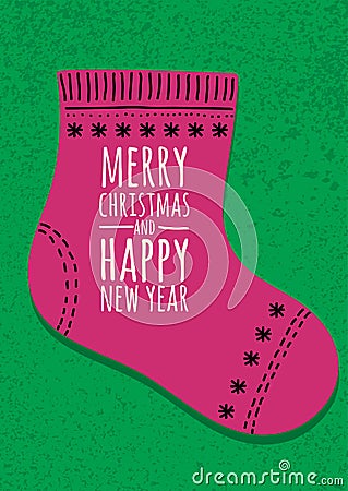 Abstract pink sock on green grunge background. Christmas Vector Illustration