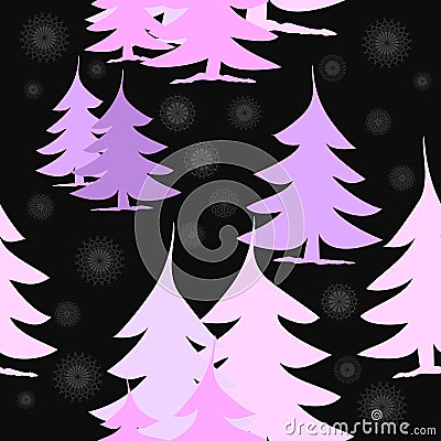 Abstract pink and violet fir trees with silver gray stars on black Stock Photo