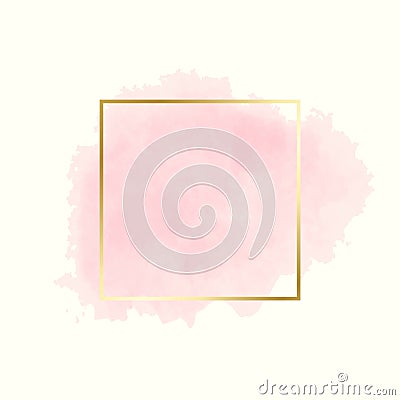 Abstract pink water color brush with rectangle geometric frame gold color, beauty and fashion background concept Vector Illustration