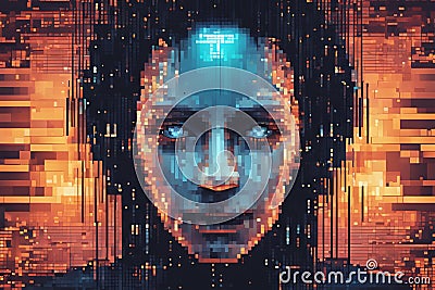 An abstract pixelated spiral pattern with a mix of vibrant and pastel color blocks, creating a hypnotic digital art design Stock Photo