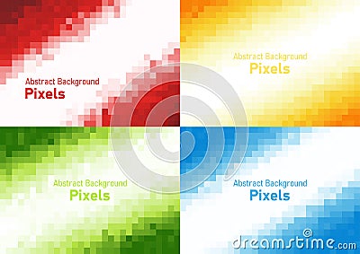 Abstract pixels disintegrate pattern, geometric mosaic background set, red yellow green and blue color gradient, vector Vector Illustration