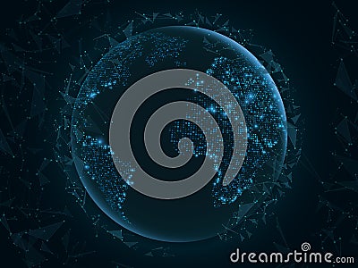 Abstract planet Earth with flying triangles. World map. Blue lights. Sci-fi and hi-tech. Plexus style. Map of glowing dots. Vector Vector Illustration