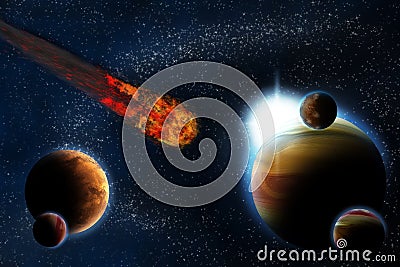 Abstract planet with sun flare in deep space Stock Photo