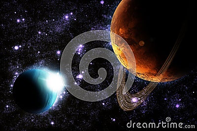 Abstract planet with sun flare in deep space Stock Photo