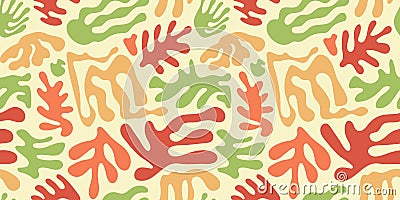 Abstract plant leaf art seamless pattern with colorful freehand doodle collage. Pastel shades. Organic leaves flat background, Vector Illustration