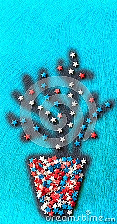 Abstract plant in pot stars shape of confetti. Blue textural background. Vertical Web banner. Top view. Copy space. Creative toned Stock Photo