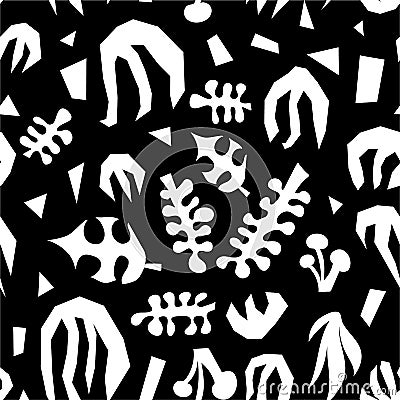 Abstract plants monochrome collage seamless vector pattern. White and black contemporary minimalistic leave shapes Vector Illustration