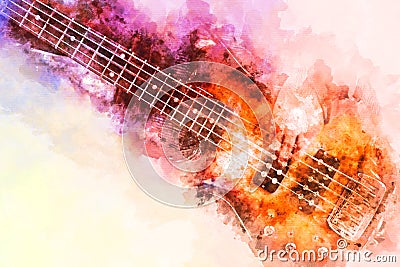 Abstract playing acoustic guitar watercolor painting background. Cartoon Illustration