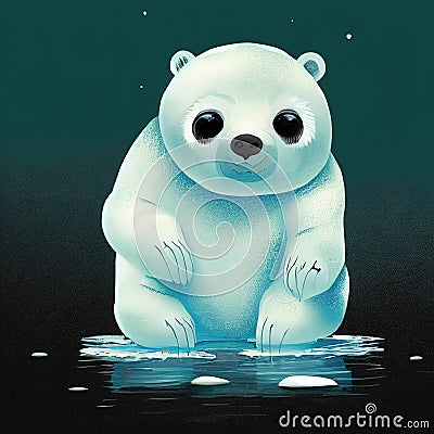 abstract polar bear cartoon illustration, bear with big eyes sitting on thin ice floe, ai generated image Cartoon Illustration