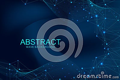 Abstract polygonal background with connected lines and dots. Wave flow. Molecule structure and communication. Graphic Vector Illustration