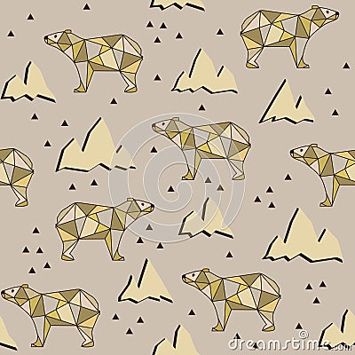 Vector seamless pattern with polygonal grizzly bears and mountains Vector Illustration