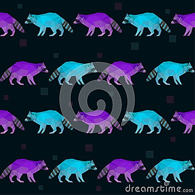 Abstract polygonal geometric triangle bright purple and blue colored raccoon seamless pattern background Vector Illustration