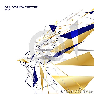 Abstract polygonal geometric triangles shapes and lines gold, silver, blue color perspective on white background with copy space. Vector Illustration