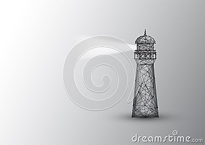 Abstract polygonal lighting house with light beam made of black lines and dots on white background Vector Illustration